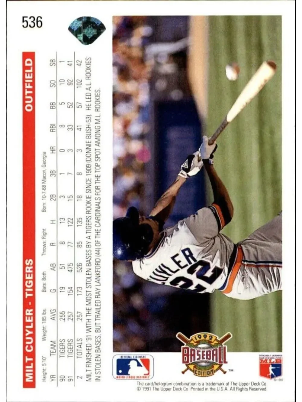 Milt Cuyler 1992 Upper Deck MLB #536 Baseball Card Detroit Tigers